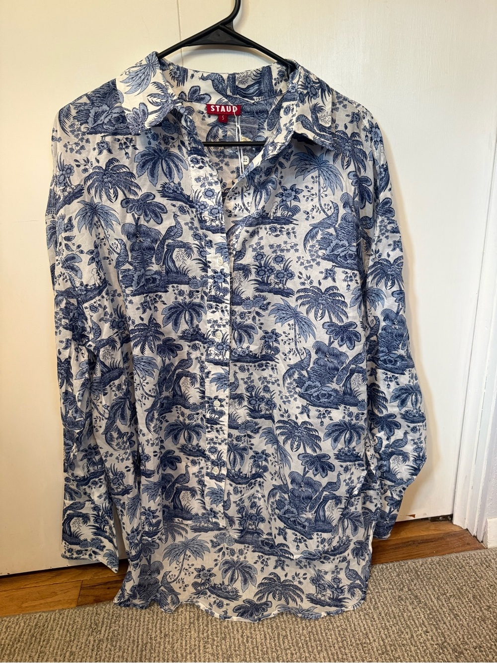 STAUD Blue and White Tropical Print Button-Down Shirt